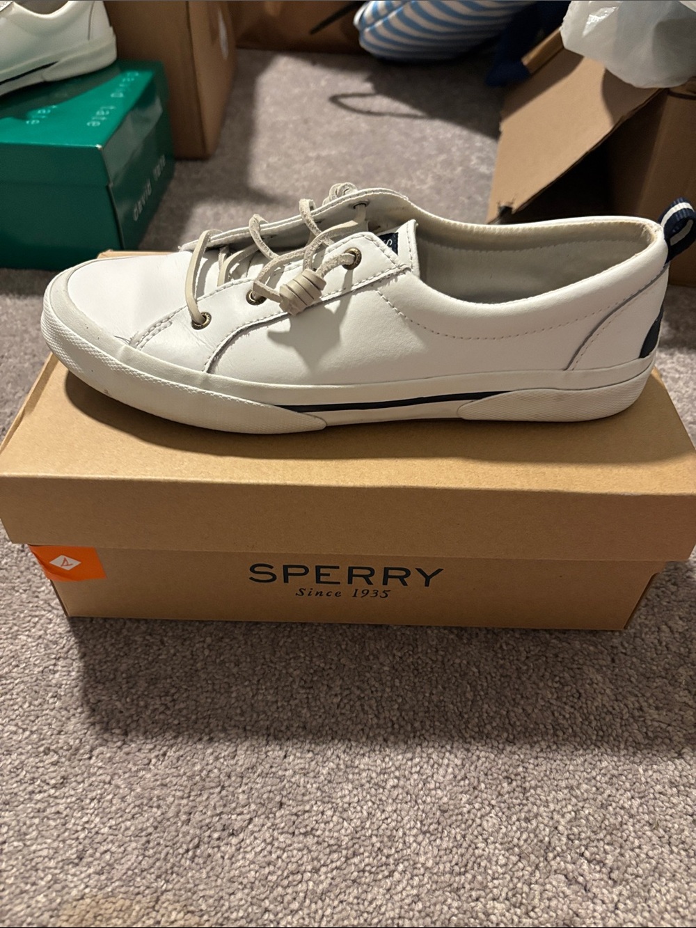 Sperry White Leather Low-Top Slip-On with Navy Accent